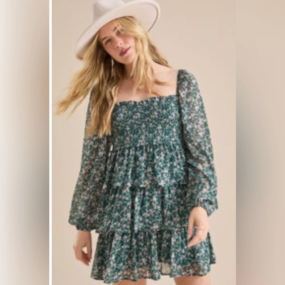 NWT Altar’d State green floral square neck tiered dress S - Picture 2 of 7